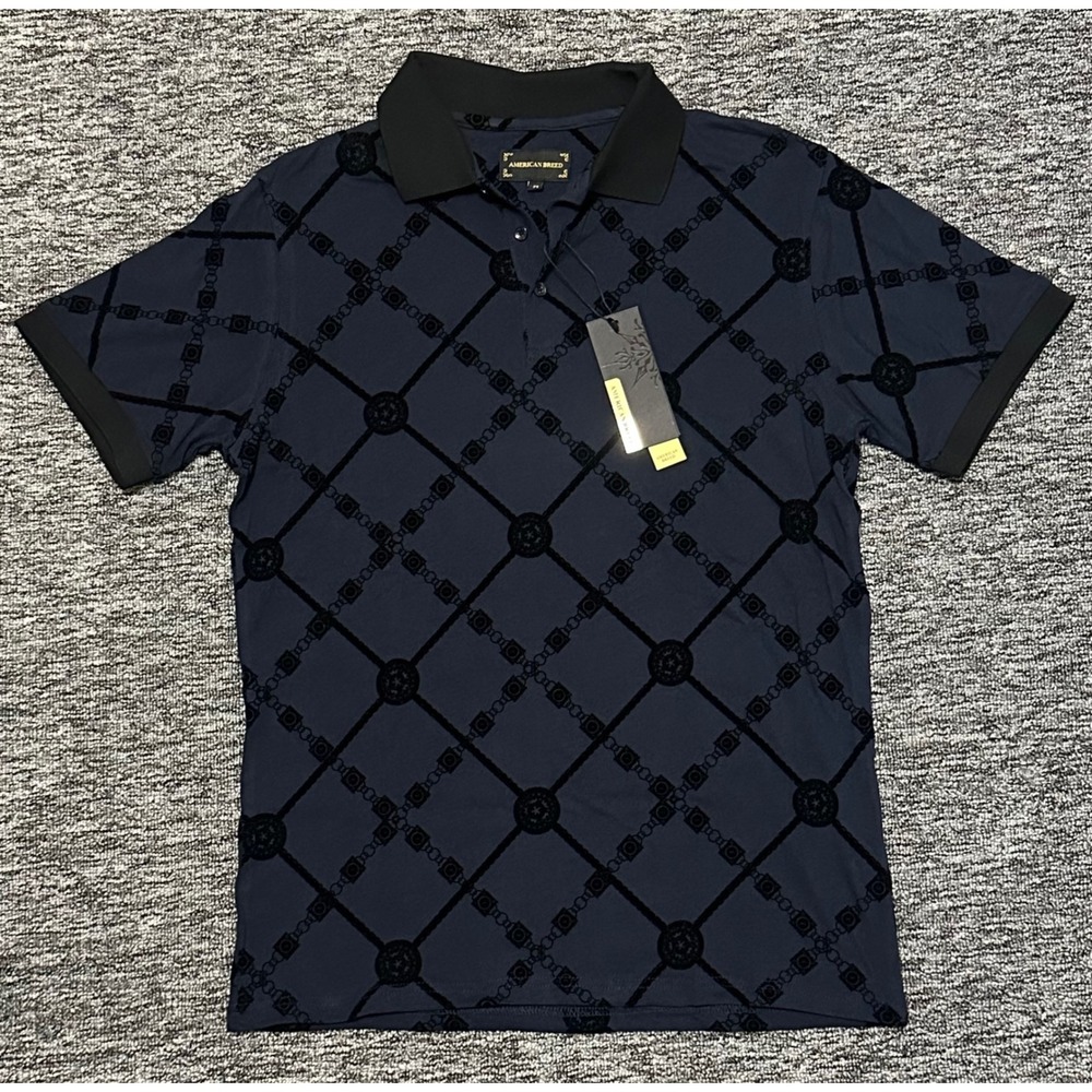 American Breed Mens Navy Blue Flocked Geometric Polo Shirt ARHFL-13 Size M NEW